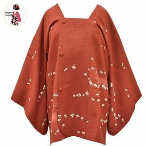 1円 道行コート 正絹 赤茶色 小花文様 身丈80cm 同梱可 【kimonomtfuji】 1nfuji43420