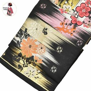 1円 名古屋帯 正絹 レトロ 九寸 黒色 花文様 着物 同梱可 【kimonomtfuji】 3nfuji43636の画像1