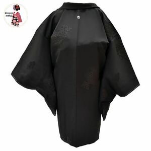 1円 美品 長羽織 正絹 一つ紋 黒羽織 身丈90cm はおり 同梱可 【kimonomtfuji】 1nfuji43666