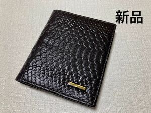 ★★★【新品】牛革 型押し 二つ折り財布 メンズ かなり濃いチョコ系