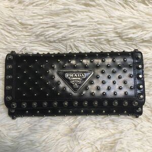 PRADA/プラダ■スタッズ レザー 三角プレート 長財布 ユニセックス 男女兼用■ブラック系 *約8万