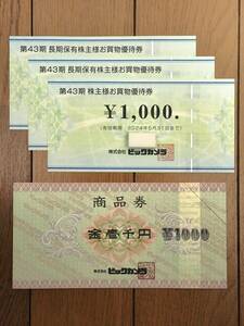 ビックカメラ株主優待券 1000円3枚（有効期限：2024年5月31日まで）＋ビックカメラ商品券 1000円【計4000円分】［ソフマップ　コジマ］