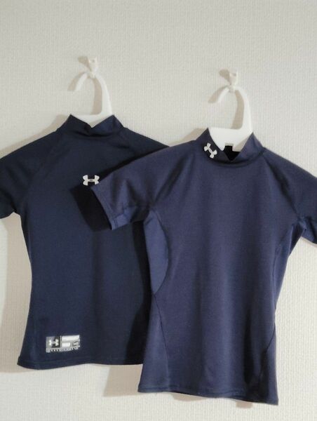 2枚セットアンダーアーマー紺色半袖ハイネックアンダーシャツ YMDサイズ コンプレッションUNDER ARMOUR野球ベースボール