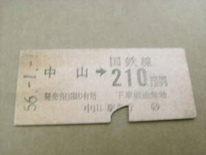 横浜線　中山→国鉄線210円区間　昭和56年1月1日　中山駅発行　国鉄