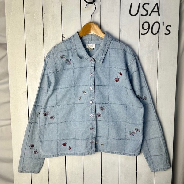 sh●647 USA古着 90s 刺繍×格子ステッチ インディゴボックスシャツ M～L オールド ヴィンテージ アメリカ古着 ミツ蜂 蝶々 長袖