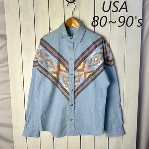 sh●648 USA古着 80s～90s ネイティブ柄生地切替え シャンブレーシャツ M～L オールド ヴィンテージ アメリカ古着 長袖