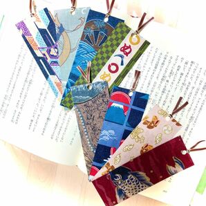#43 手作り布製しおり 落ち着いた和柄8枚セット 鯉 富士山 昭和レトロ