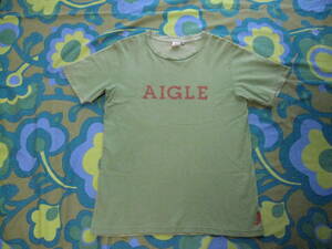 AIGLE エーグル 半袖Tシャツ サイズM グリーン×茶プリント 綿100 USED