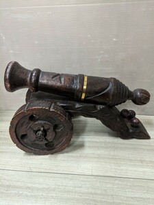  スペイン製 木製 大砲 アンティーク オブジェ 置物 台車 海賊 武器 木彫り 彫刻 雑貨 インテリア コレクション ディスプレイ