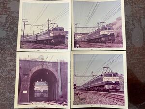 昭和鉄道写真：東海道本線保土ヶ谷付近走行中のEF65牽引寝台特急(みずほ/さくら/はやぶさ/あさかぜ)4景。昭和48年4月30日撮影/8.8×8.8㎝。