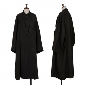 ヨウジヤマモト ノアールYohji Yamamoto NOIR コットンギャバレイヤードデザインスタンドカラーロングコート 黒2