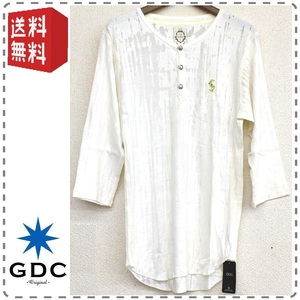 GDC ジーディーシー 日本製 ヘンリーネックダメージ加工 7分袖Tシャツ 男女兼用 メンズMサイズ 白 送料無料 A286