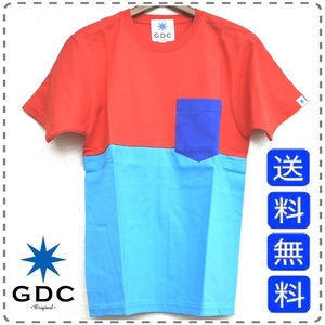 GDC ジーディーシー バイカラー半袖Tシャツ 丸首 綿100% 胸ポケット 男女兼用 ユニセックス メンズSサイズ 赤 送料無料 A310