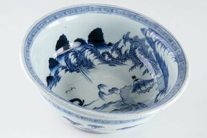 [ old Imari ][ blue and white ceramics line .. landscape writing pot Meiji era 16723 ] charge . Japan cooking . stone . seat Japanese-style tableware . thing ceramic art ornament plate old clay platter 