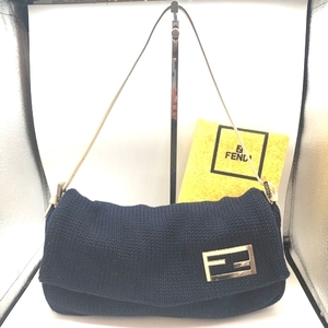 【レア・美品】FENDI フェンディ マンマバケット ハンドバッグ ショルダーバッグ M7760/ネイビー 紺 ニット×レザー 