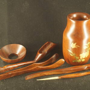 中国茶 茶道具 茶器セット 茶匙 茶具組 象嵌 紅木 煎茶道具 木工 箱付 未使用保管品の画像1