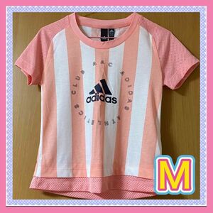 adidas アディダス Tシャツ レディース 半袖　フィットネス M ピンク ストライプ フィットネス ジム ランニング