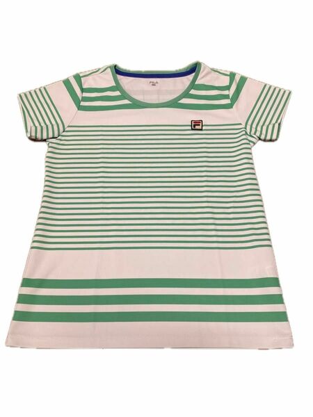 フィラ FILA ボーダー白緑 レディース テニスウェア 半袖 Tシャツ ゲームシャツ　Lサイズ スポーツウェア ゴルフ