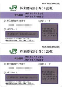 東日本旅客鉄道 株主優待 株主優待割引券(2枚) 有効期限:2024.6.30　運賃・料金 4割引券/JR東日本/指定席券/東北新幹線/グリーン席/特急券