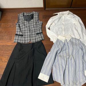 【11号】中古OL制服製ベスト、スカート、白のブラウス、ストライプブラウス