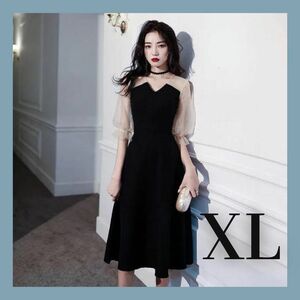 ドレス ワンピース 結婚式 パーティー 韓国 チュール袖 ビスチェ XL