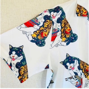 一点限り 大人気 オープンカラーシャツ XL 柄シャツ 刺青猫 虎龍 ラーメン和柄 メンズ 春 夏の画像3