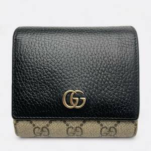 グッチ GUCCI GGマーモント ミディアム ウォレット 二つ折り財布 ブラック レザー GGスプリーム 黒 ベージュ コンパクト レディース