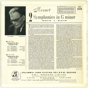 英Columbia SAX2278 モーツァルト「交響曲第25&40番」 クレンペラー フィルハーモニア管の画像2