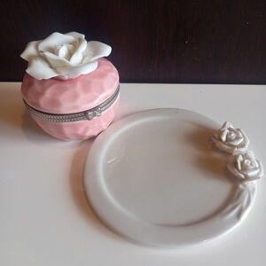 【美品】薔薇小物入れ&コースター★陶器★ポタリーケース★アクセサリートレー