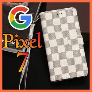 ［売り上げNo1］Google Pixel 7ケース 手帳型 白色　チェック柄 PUレザー 高級感　グーグルピクセル7カバー