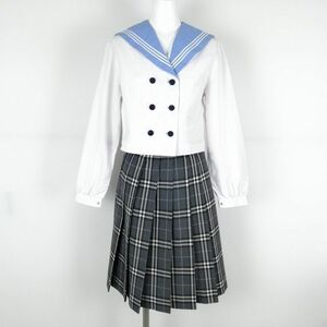 1円 セーラー服 チェックスカート 上下2点セット 中間服 白3本線 女子 学生服 大分芸術緑丘高校 白 制服 中古 ランクC EY5236