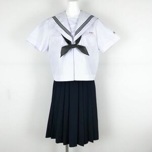 1円 セーラー服 スカート スカーフ 上下3点セット 大きいサイズ 夏物 青3本線 女子 学生服 宮崎大宮中学 白 制服 中古 ランクC EY5215