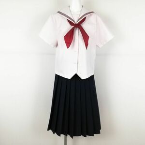 1円 セーラー服 スカート スカーフ 上下3点セット 夏物 赤3本線 女子 学生服 中学 高校 ピンク 制服 中古 ランクC EY5427