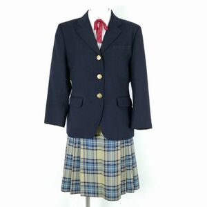 1円 ブレザー チェックスカート リボン 上下4点セット カンコー 冬物 女子 学生服 中学 高校 紺 制服 中古 ランクB EY5564