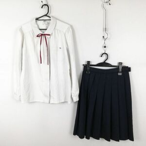 1円 ブラウス スカート 紐タイ 上下3点セット L 大きいサイズ 中間服 女子 学生服 大阪開明中学高校 白 桂由美 制服 中古 ランクC NA7201