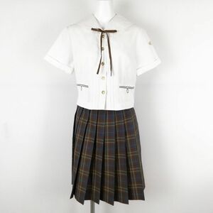 1円 セーラー服 チェックスカート 紐タイ 上下3点セット 160A 夏物 女子 学生服 大分東明高校 白 制服 中古 ランクC EY5588