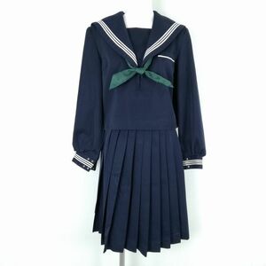 1円 セーラー服 スカート スカーフ 上下3点セット 富士ヨット 冬物 白3本線 女子 学生服 中学 高校 紺 制服 中古 ランクC EY5650