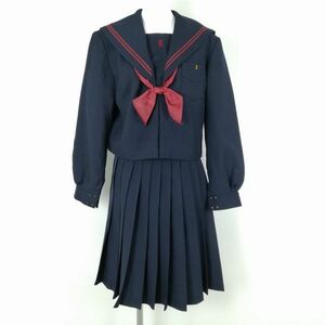 1円 セーラー服 スカート スカーフ 上下3点セット 大きいサイズ 冬物 赤2本線 女子 学生服 大分中津中学 紺 制服 中古 ランクC EY5777