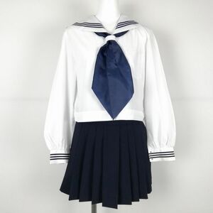 1円 セーラー服 マイクロミニスカート スカーフ 上下3点セット 中間服 青3本線 女子 学生服 中学 高校 白 制服 中古 ランクC EY4983