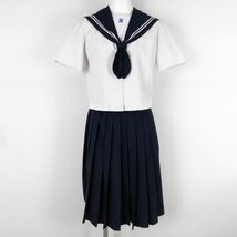 1円 セーラー服 スカート 紐タイ 上下3点セット 夏物 白2本線 女子 学生服 大分坂ノ市中学 白 制服 中古 ランクC EY5597_画像1