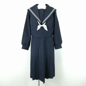 1円 セーラー服 ジャンパースカート スカーフ 上下3点セット 大きいサイズ 冬物 白3本線 女子 学生服 中学 高校 紺 中古 ランクC EY5828