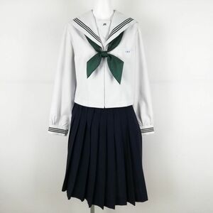 1円 セーラー服 スカート スカーフ 上下3点セット 165A 中間服 緑3本線 女子 学生服 大分三重中学 白 制服 中古 ランクC EY5329