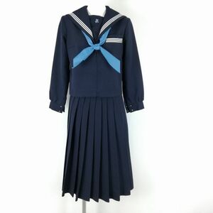 1円 セーラー服 スカート スカーフ 上下3点セット 冬物 白3本線 女子 学生服 大分上野ヶ丘中学 紺 制服 中古 ランクC EY6040