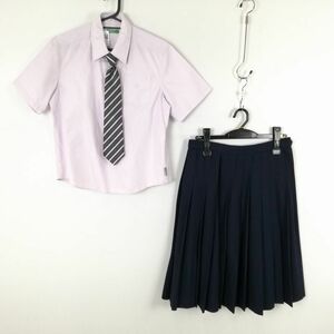 1円 ブラウス スカート ネクタイ 上下3点セット 夏物 女子 学生服 中学 高校 ピンク 制服 中古 ランクC NA7316