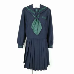 1円 セーラー服 スカート スカーフ 上下3点セット 指定 大きいサイズ 冬物 緑3本線 女子 学生服 兵庫上郡高校 紺 制服 中古 ランクB EY6333