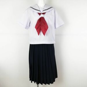 1円 セーラー服 スカート 上下3点セット 3L 大きいサイズ 夏物 グレー1本線 女子 学生服 兵庫朝日中学 白 制服 中古 ランクC EY6386