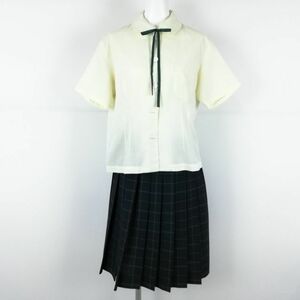 1円 ブラウス チェックスカート 紐タイ 上下3点セット 大きいサイズ カンコー 夏物 女子 学生服 中学 高校 黄 制服 中古 ランクC EY6147