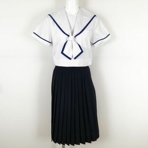 1円 セーラー服 スカート 上下2点セット 夏物 青1本線 女子 学生服 熊本宇土鶴城中学 白 制服 中古 ランクC EY6434