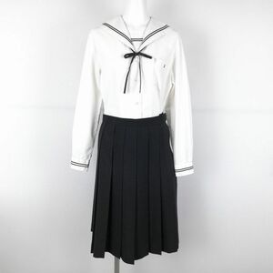 1円 セーラー服 スカート 紐タイ 上下3点セット M トンボ 中間服 黒2本線 女子 学生服 岡山倉敷翠松高校 白 制服 中古 ランクC EY6927