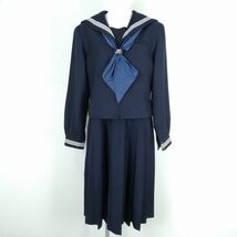 1円 セーラー服 ジャンパースカート スカーフ 上下3点セット 指定 175A 大きいサイズ 冬物 白3本線 女子 中学 高校 紺 中古 ランクC EY7352_画像1